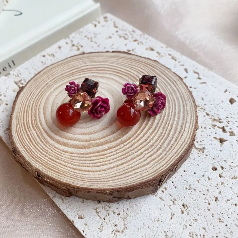 Handmade Burgundy Rose Flower Earring Studs